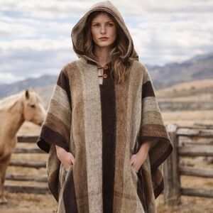 SISANDINA Western Stripped Hooded 100% Wool Poncho Cape Shawl Herritage Prep O/S